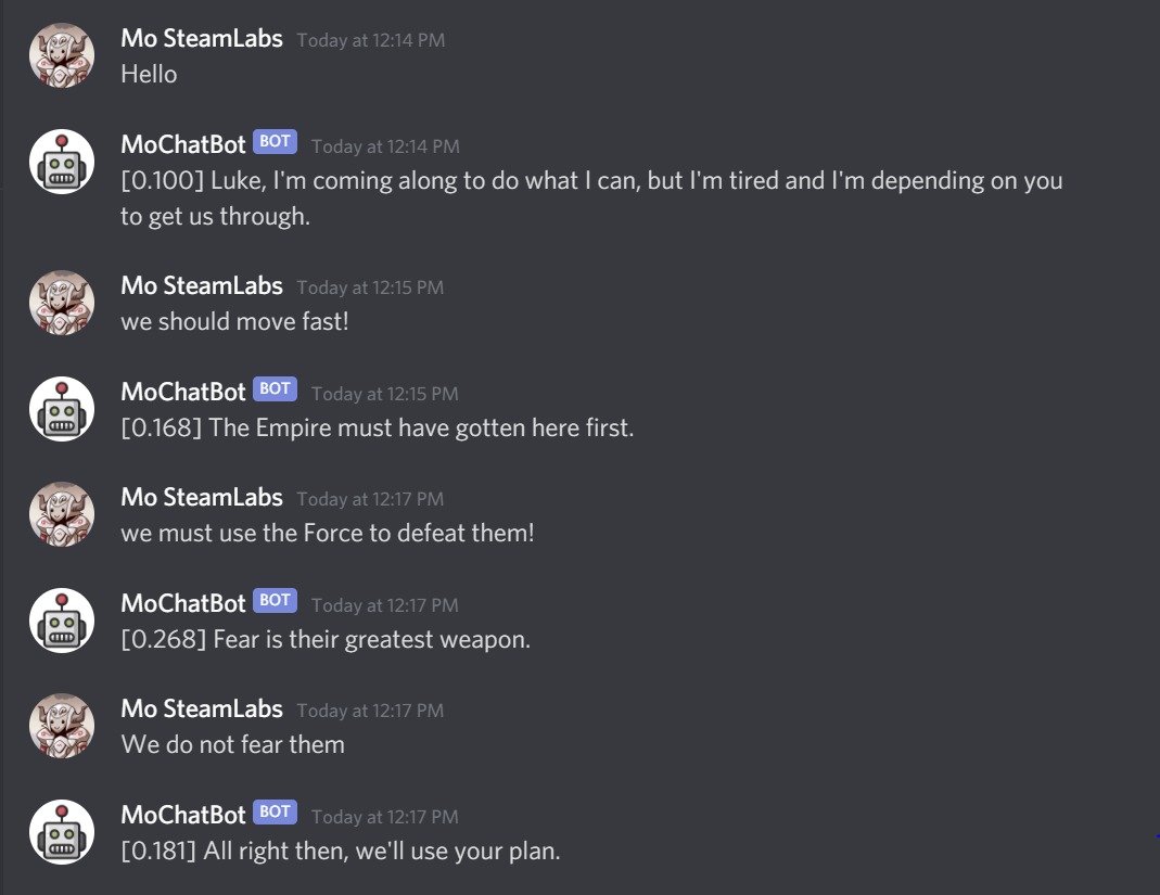 Chatbot conversation between person and Steamlabs bot